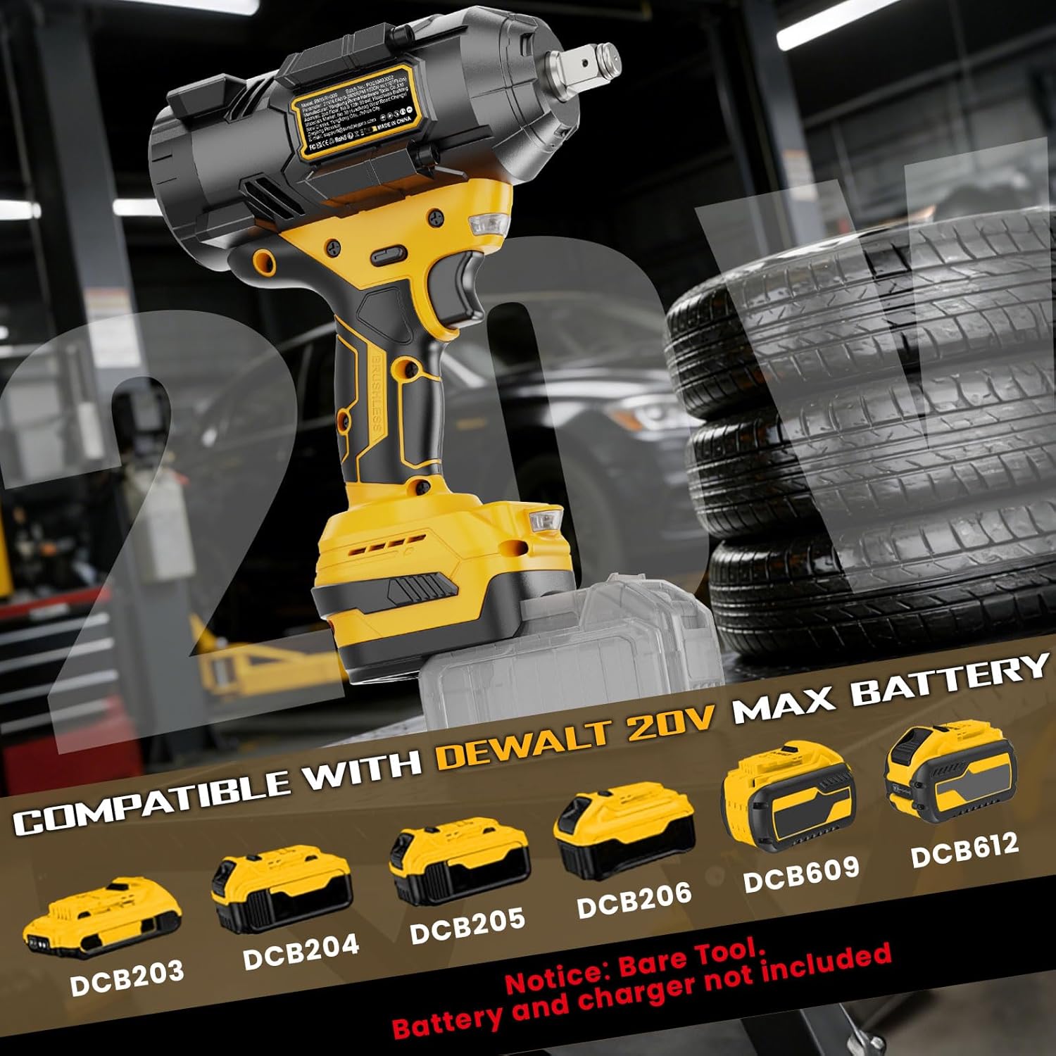 Cordless Impact Wrench 1107 Ft-lbs (1500 N·m) - Compatible with DEWALT 20V Battery - High Torque Brushless 1/2 Impact Gun 3-Speed for Tire Removal Rusted Bolts Heavy Equipment (No Battery)