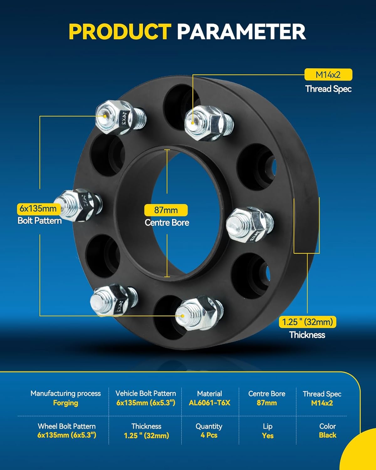 PHILTOP 6x135mm Wheel Spacer, 1.25" Hub Centric Wheel Spacers Fit for F-15-0, Expedition, Navigator, Mark LT, Thread Pitch M14x2 Hub Bore 87mm - 4pcs