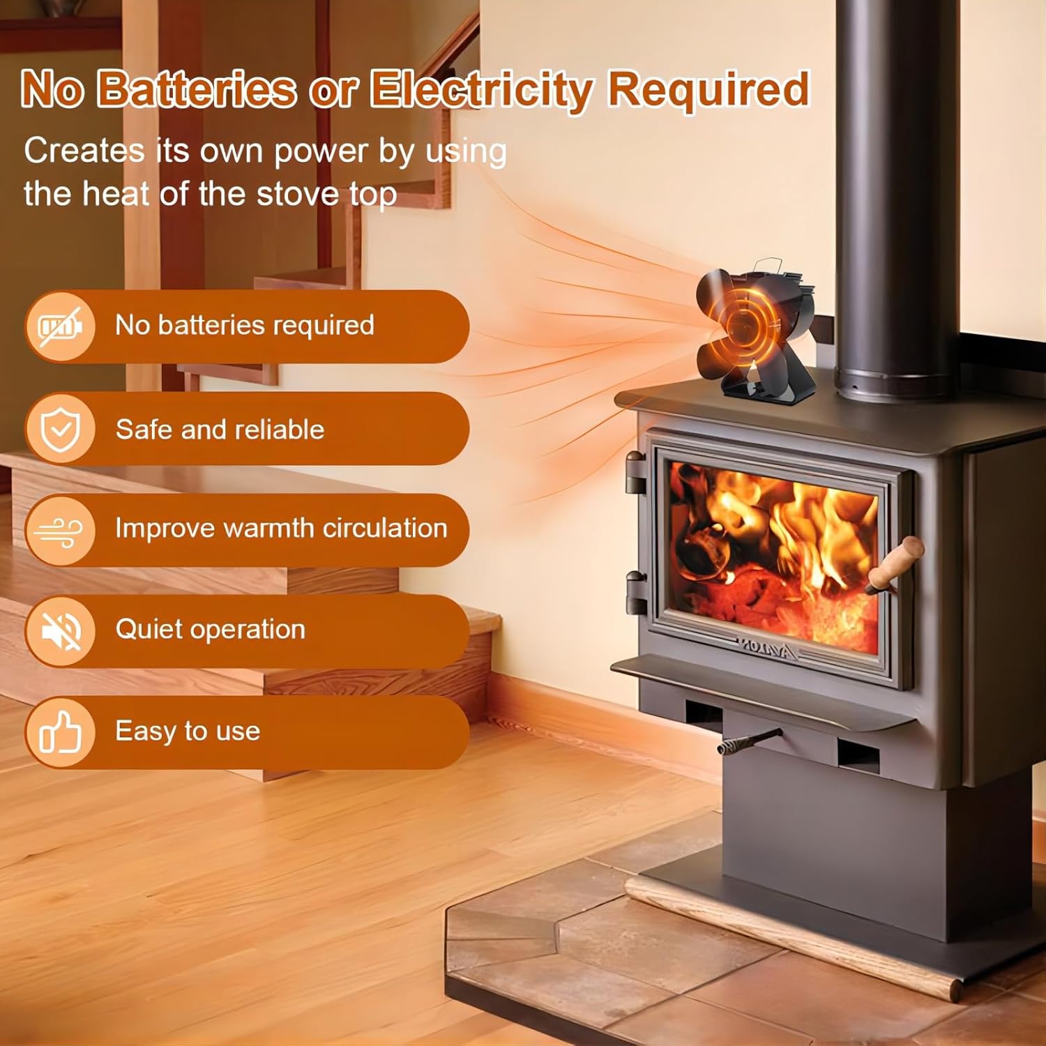 VODA Heat Powered Wood Stove Fan 4-Blade for Wood/Log Burner/Fireplace