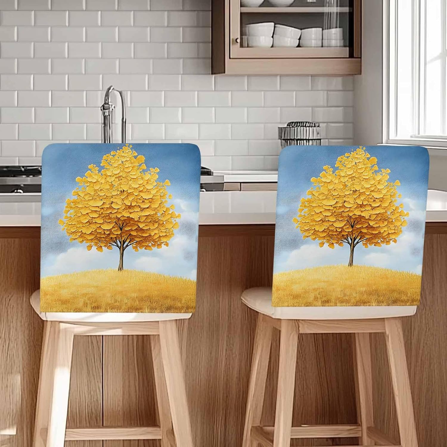 Yellow Tree Chair Back Cover for Dining Room Set of 4, Removable Kitchen Chair Slipcovers, Autumn Leaves Blue Sky Watercolor Washable Seat Protector for Restaurant Party Banquet Wedding Décor