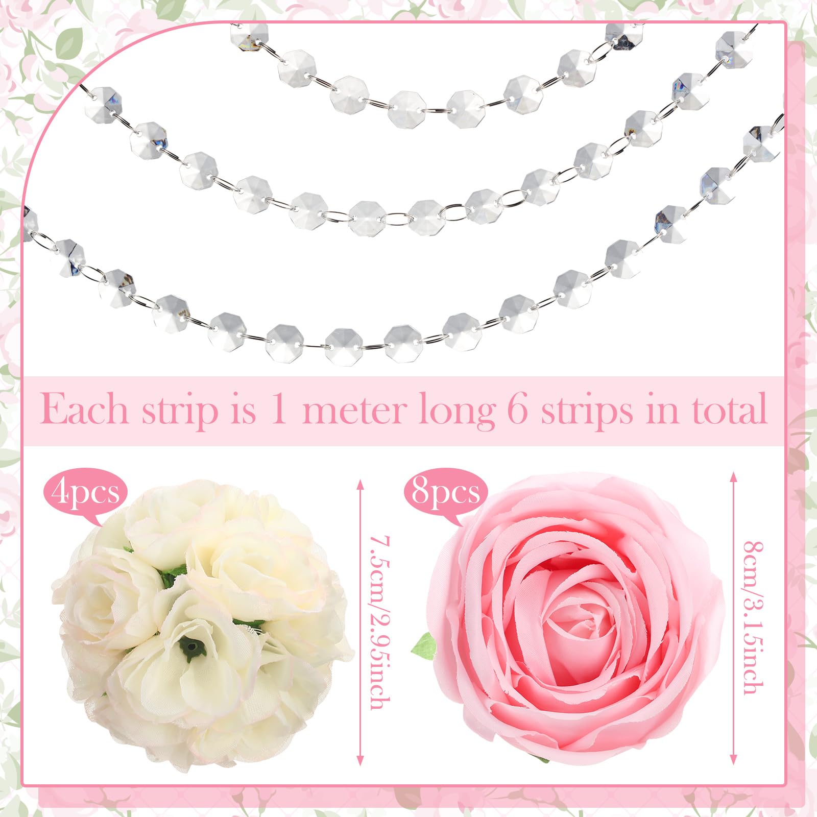 Juego de 19 decoraciones de mesa de boda, centros de mesa, 8 rosas artificiales, 4 bolas de flores besadas con 6 gemas acrílicas de cristal, guirnalda de cuentas de 1 hilo para decoraciones de