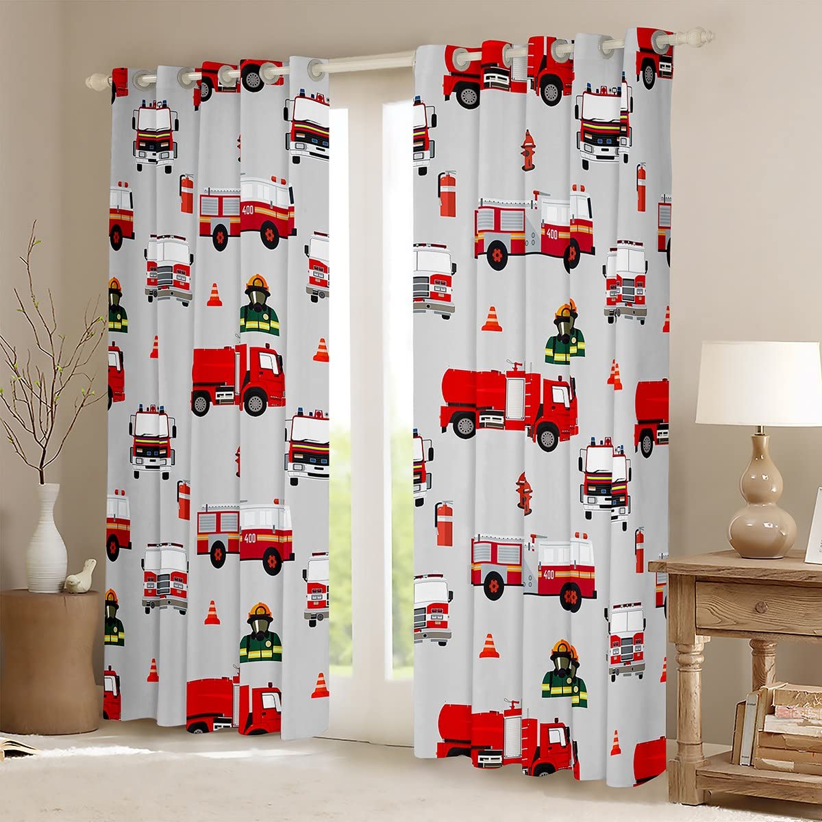 Loussiesd Kinder Feuerwehrmann Fenstervorhang 175x140cm Jungen Feuerwehr Feuerwehrmann Blickdichte Vorhänge Rotes Feuerwehrauto Fahrzeug Muster Vorhänge für Mädchen Schlafzimmer Dekor