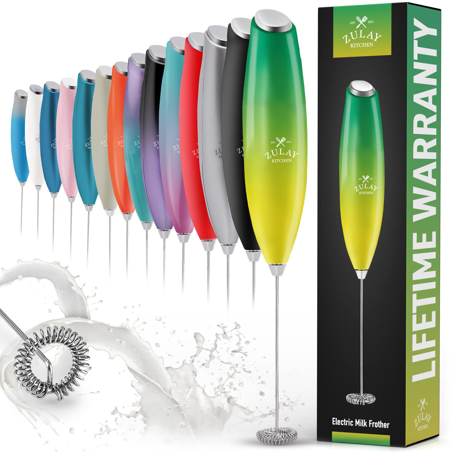Zulay Powerful Milk Frother Handheld Foam Maker for Lattes - Whisk Drink Mixer for Coffee, Mini Foamer for Cappuccino, Frappe, Matcha, Hot Chocolate by Milk Boss (Kiwi)