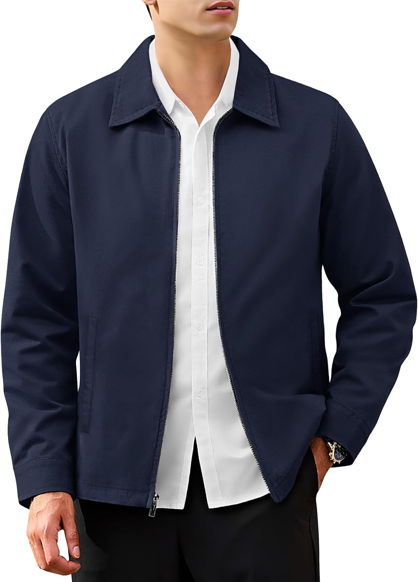 Chaqueta cortavientos informal con cremallera y cuello extendido para hombre con bolsillos | Ligero, Algodón, Resistente al viento, Informal, Cuello tendido, 3 bolsillos, Negocios, Informal de calle