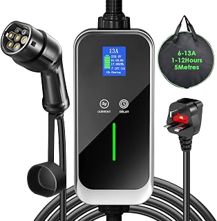 FNRIDS 5M EV Charger Cable Type 2 to 3 Pin Plug, Big OLED Display, 6/8/10/13A Adjustable Current, 1-12H Delayed Charging, IP67 Waterproof, 3.3KW Electric Car Charger with Bag