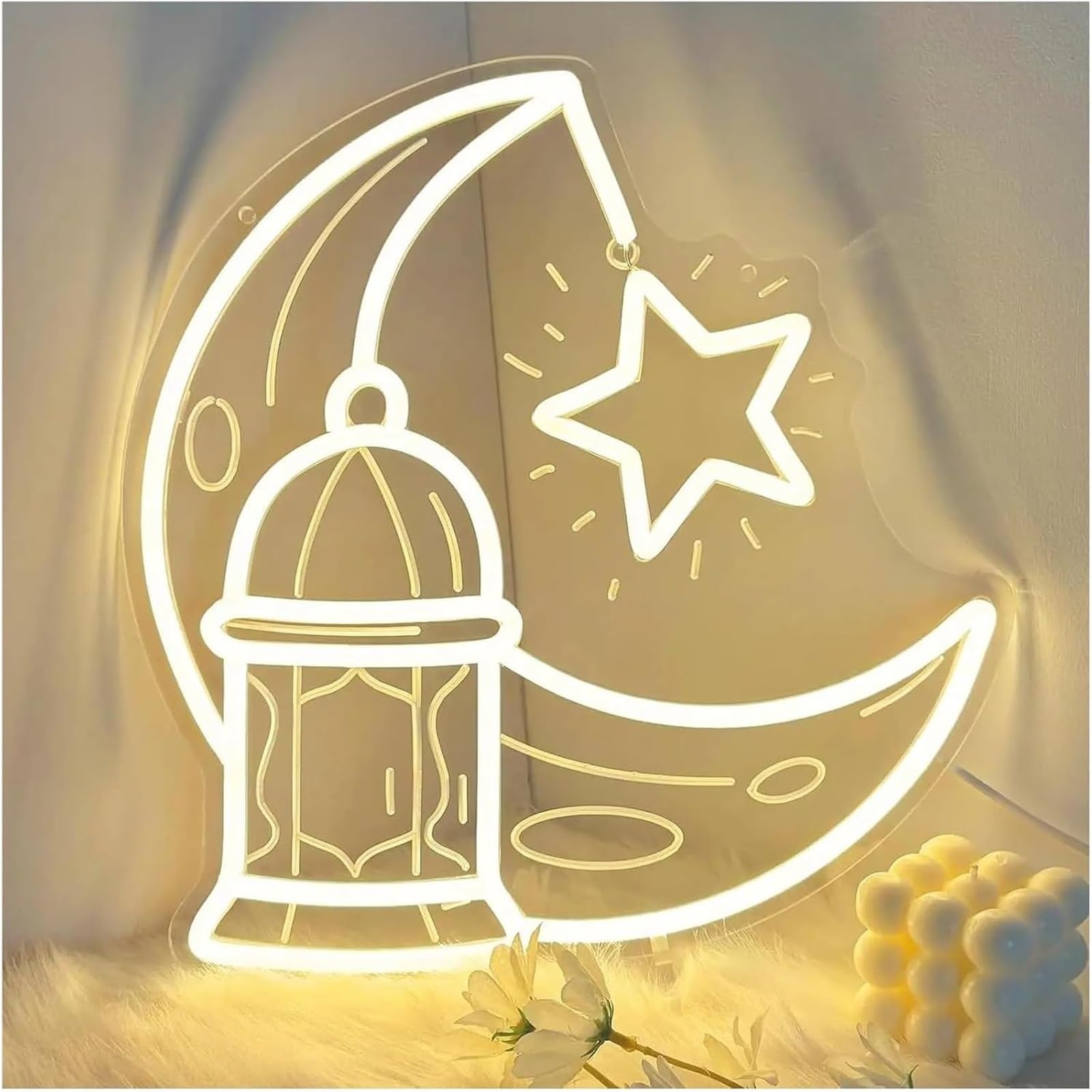 Carteles de neón de arte colgante Ramadán para letrero de neón Castillo Luna para estrella LED para par 34,1 x 32,5 cm