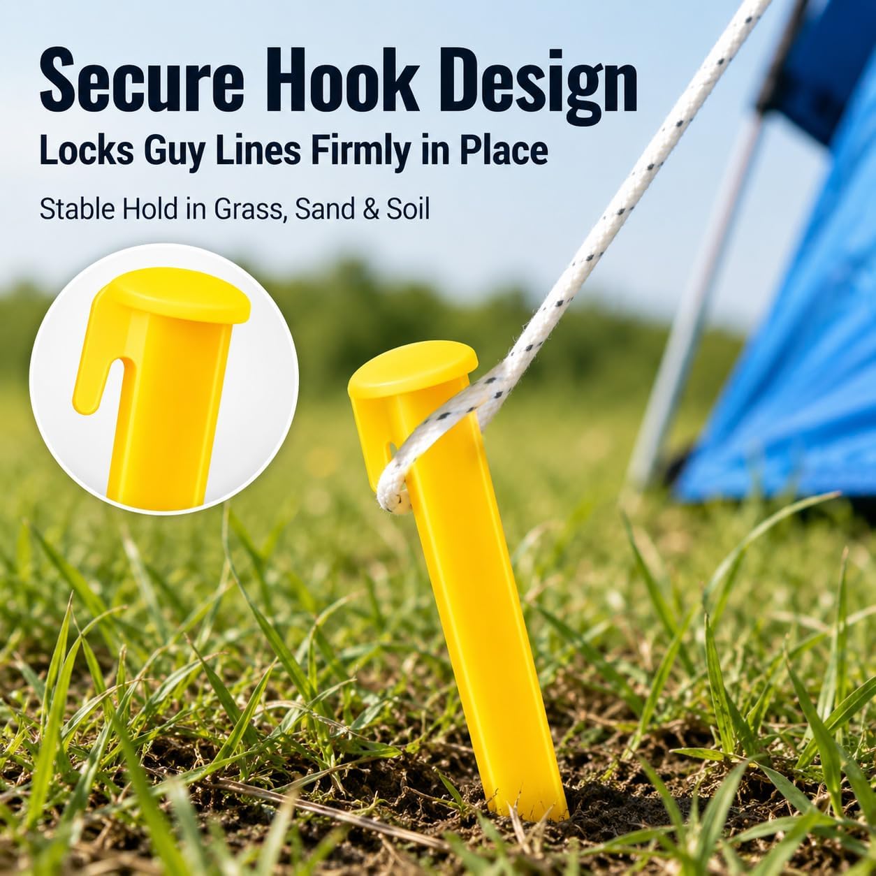 10 Pack Plastic Tent Stakes, Heavy Duty 5.7 Inch Canopy Stakes with Hook, Camping Pegs for Grass, Sand, and Soil, Lightweight Tent Accessories for Backyard, Beach, and Outdoor Activities, Yellow