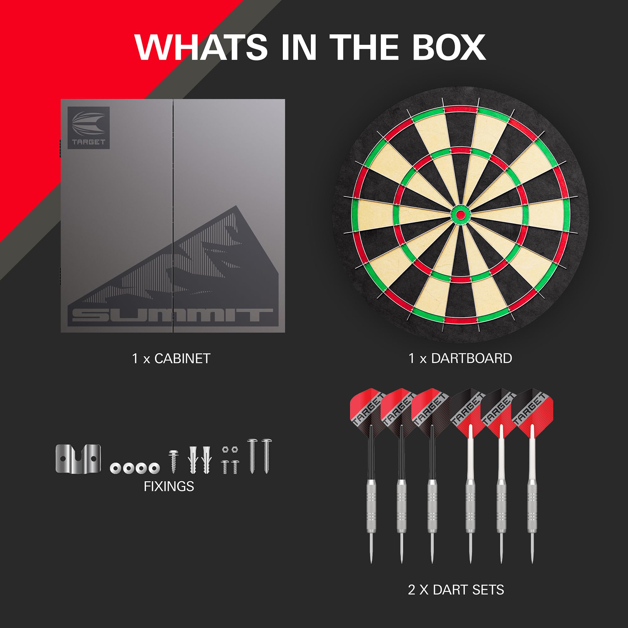 Target Darts Summit y Home Gabinete y Juegos de Dianas | Juego Completo de Dardos | Incluye Armario y Diana, Latón con Punta de Acero | Summit Incluye 1 Mes de Suscripción a la Aplicación Dartcounter