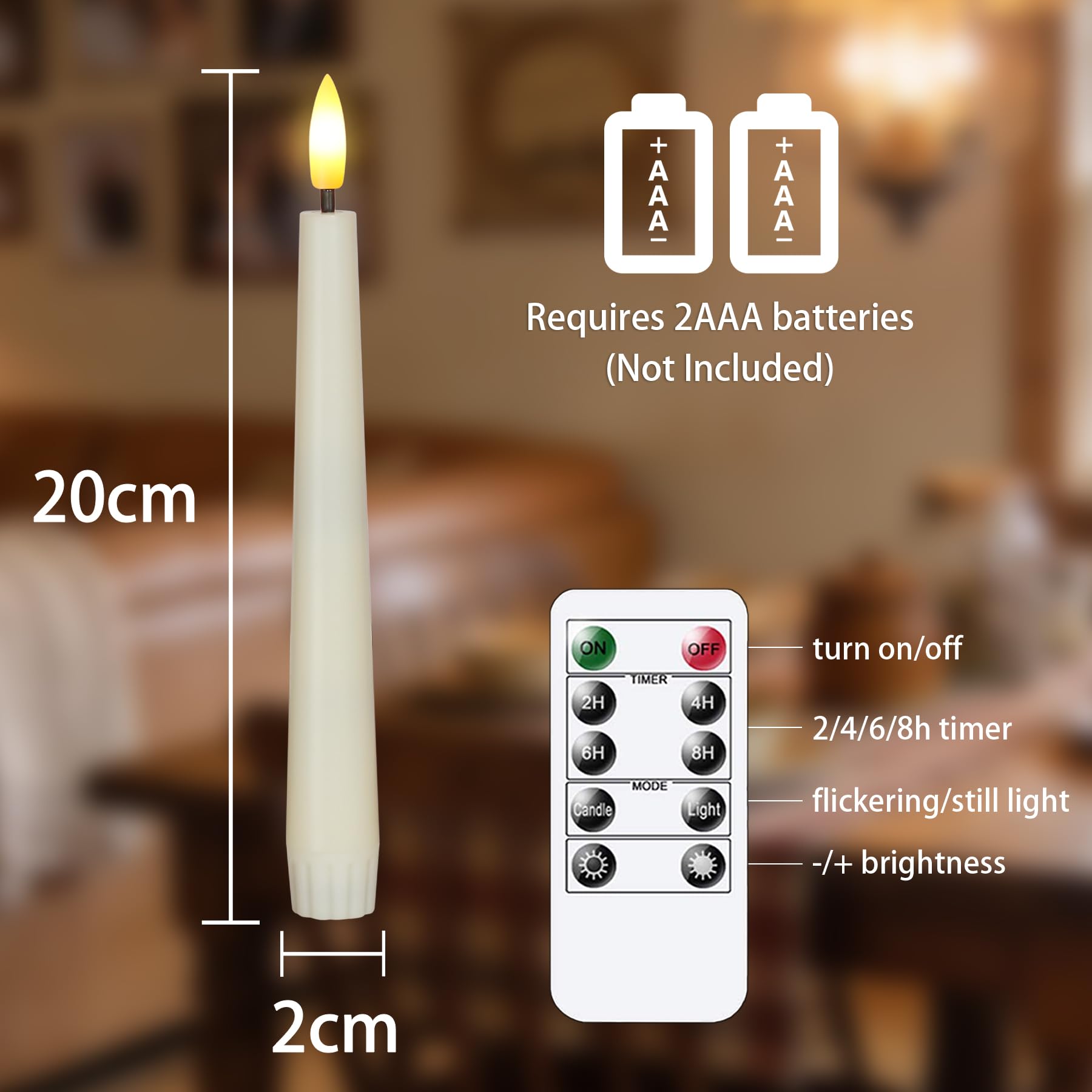 Świece stożkowe LED z funkcją timera i pilota, 20 cm, bez płomienia z efektem migotania, plastikowe, kremowe, elektryczne, sztuczne świece długie, opakowanie 6 sztuk