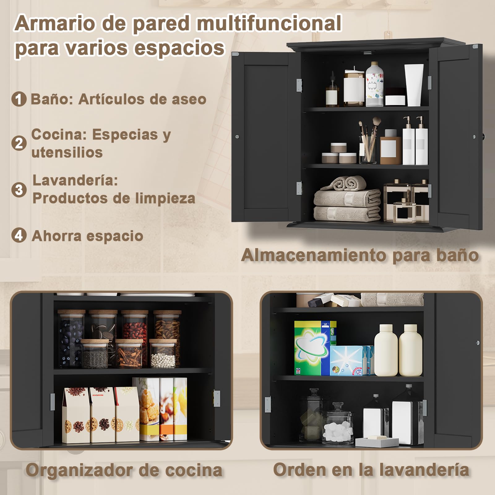 Mueble Baño Colgar Armario Pared Baño con 2 Puertas, Estante 3 Niveles Ajustable, Estilo Moderno, Ahorro Espacio para Baño, Cocina y Lavadero, Negro