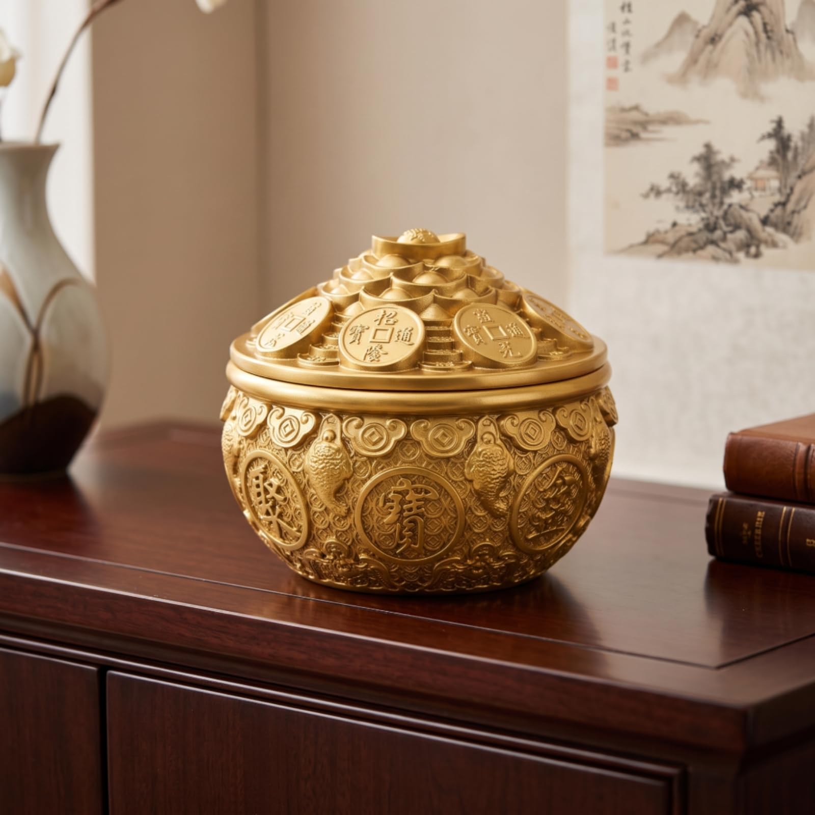 Ciotola del Tesoro Compatto Ciotola di Ottone Pesante Ornamento da Tavolo per Soggiorno, 4 Pollici, Vaso del Tesoro Jinchan con Coperchio Stile Anticato