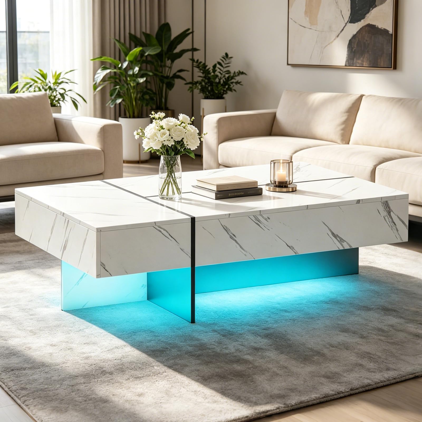 SOARS Mesa de Centro LED, Mesa Auxiliar Brillante con 3 Cajones de Almacenamiento, Iluminación Ajustable y Control Remoto, Mesa de Café Moderna para Salón Sofá, 120 x 70 x 35 cm (Blanco)