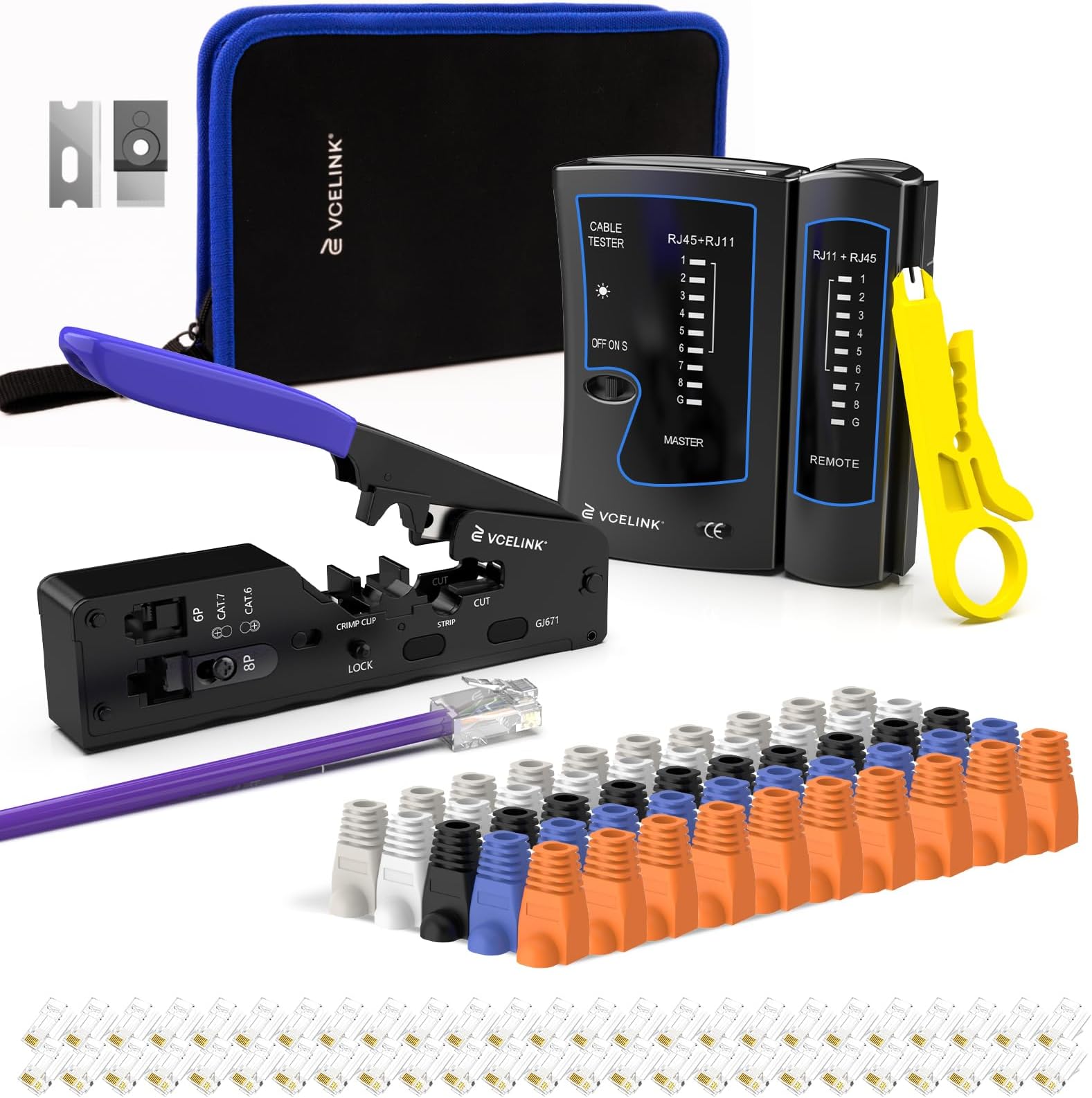 VCELINK RJ45 Crimp Tool Kit, Ethernet Wire Cutter Crimper, All-in-One Network Tool Kit Bag with Network Lan Cable Tester, 50PCS Cat6 Pass Through Connectors, 50PCS Boots, Mini Cable Stripper