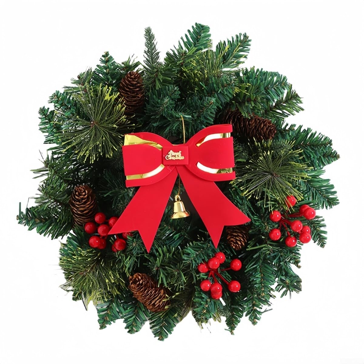 1 couronne de Noël artificielle, 30 cm ronde verte, couronne de Noël d'extérieur avec pommes de pin et baies rouges décoratives