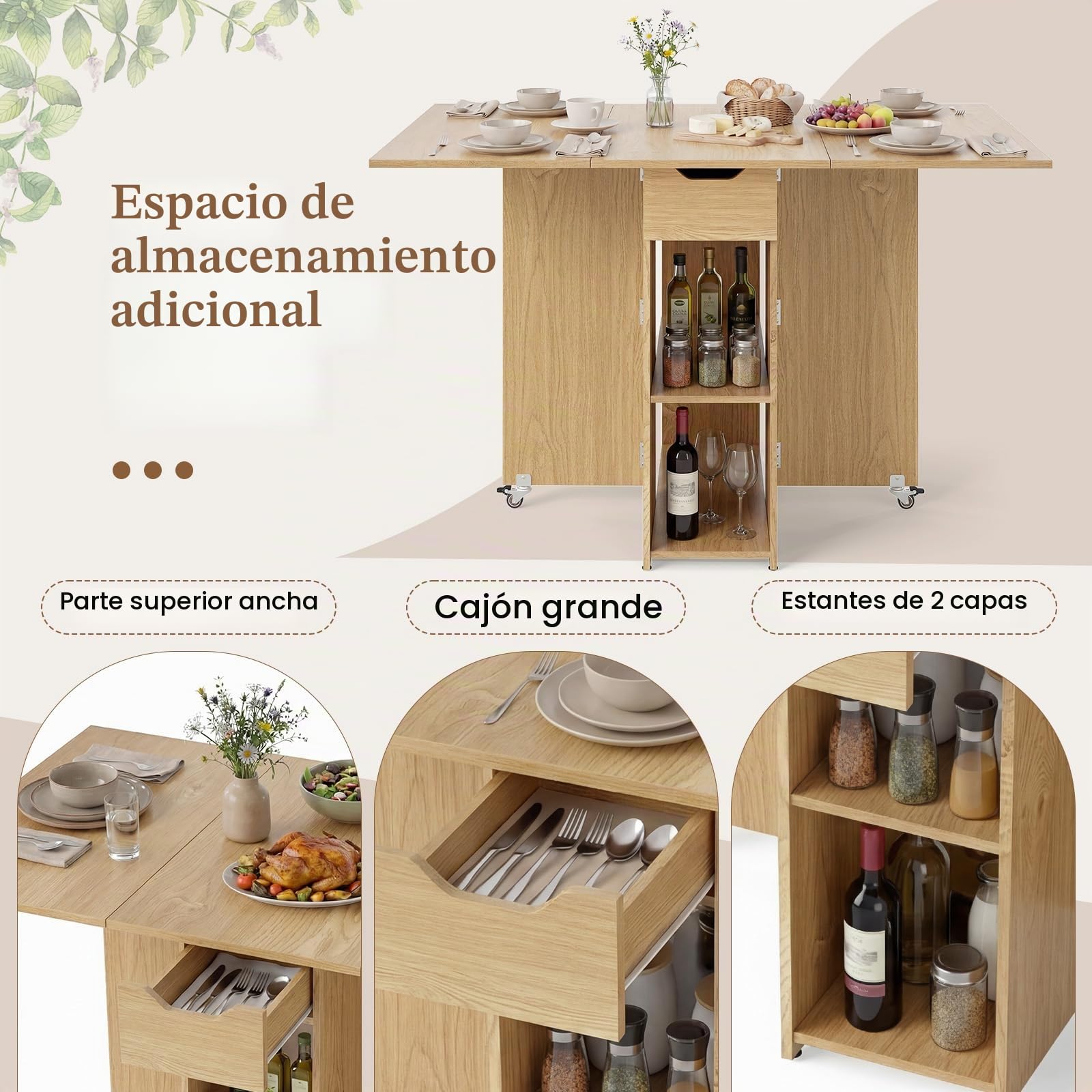 GIANTEX Mesa de Comedor Plegable, Mesa de Cocina Móvil con Alas Abatibles, 1 Cajón y 2 Estantes Abiertos, para 2-4 Personas, Ahorra Espacio, 120x72x75cm, para Comedor, Salón, Dormitorio (Natural)