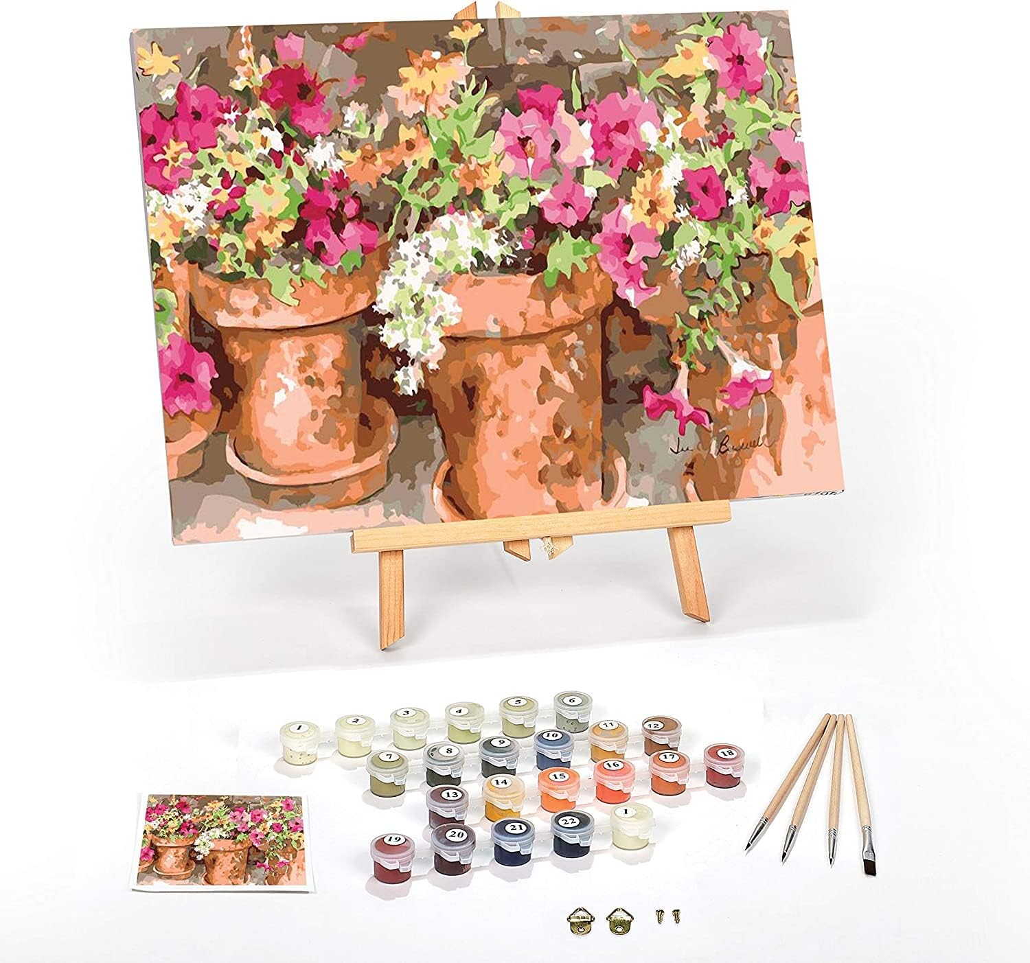 Ledgebay DIY Paint by Numbers Kit for Adults Framed Canvas Beginner to Advanced Paint by Numbers Kit, Kits Include Acrylic Paint Set, Brushes & Tabletop Easel (Sweet Petunias 16" x 20" Framed)