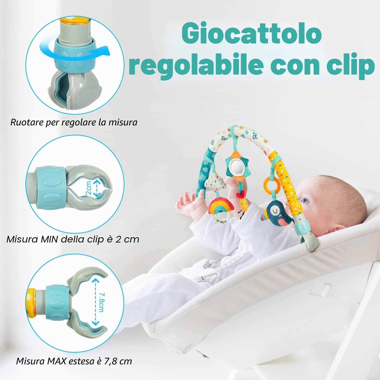 Aomig Giocattolo Passeggino Clip, Regolabile Giocattolo Carrello Bambino con Sonaglio, Giocattolo per Passeggino Rimovibile, attività Appendere Giocattoli, Arco Giochi Educativi