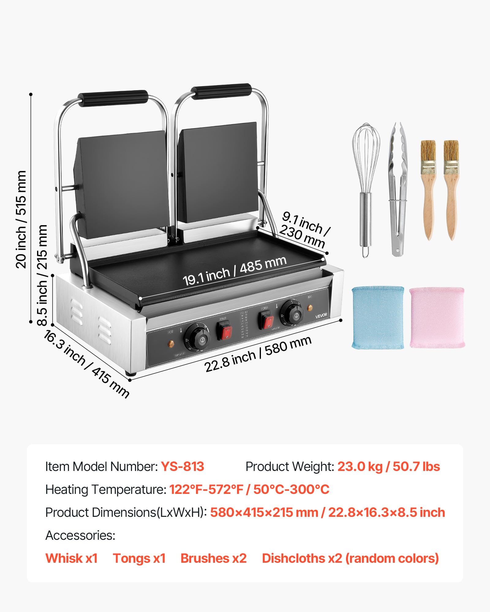 VEVOR 3600W Grill elettrico per panini,doppia piastra per panini con piastra smaltata piatta da 48,5x23 cm,piastra per panini in acciaio inox,controllo della temperatura,per hamburger,bistecche,cucina