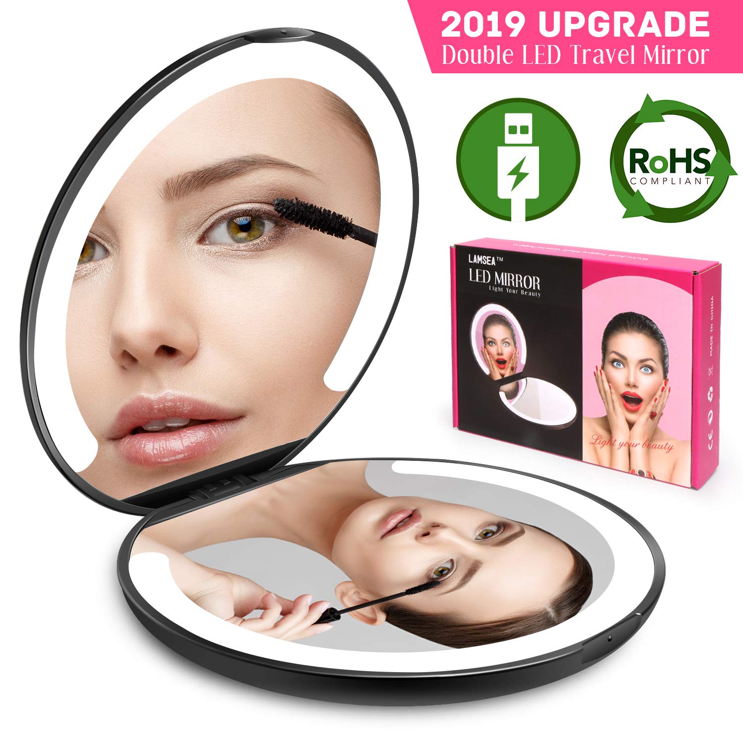 LED Lighted Travel Makeup Mirror Foldable, Dual Sided Vanity Mirror with Lights Portable Compact Illuminated Folding Tabletop Cosmetic Mirror, 1x/5x Magnifying Handheld Pocket Mirrors