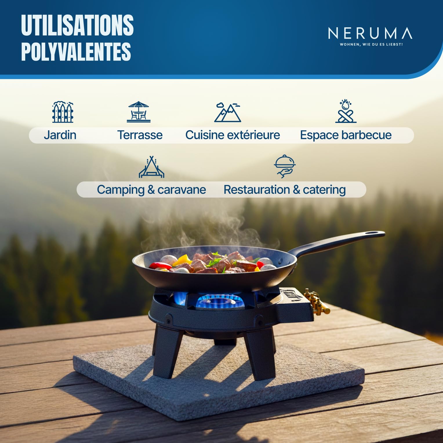 Réchaud à gaz en fonte 3 feux pour camping et extérieur, brûleur puissant pour wok et casseroles 20–36 cm, avec tuyau et détendeur