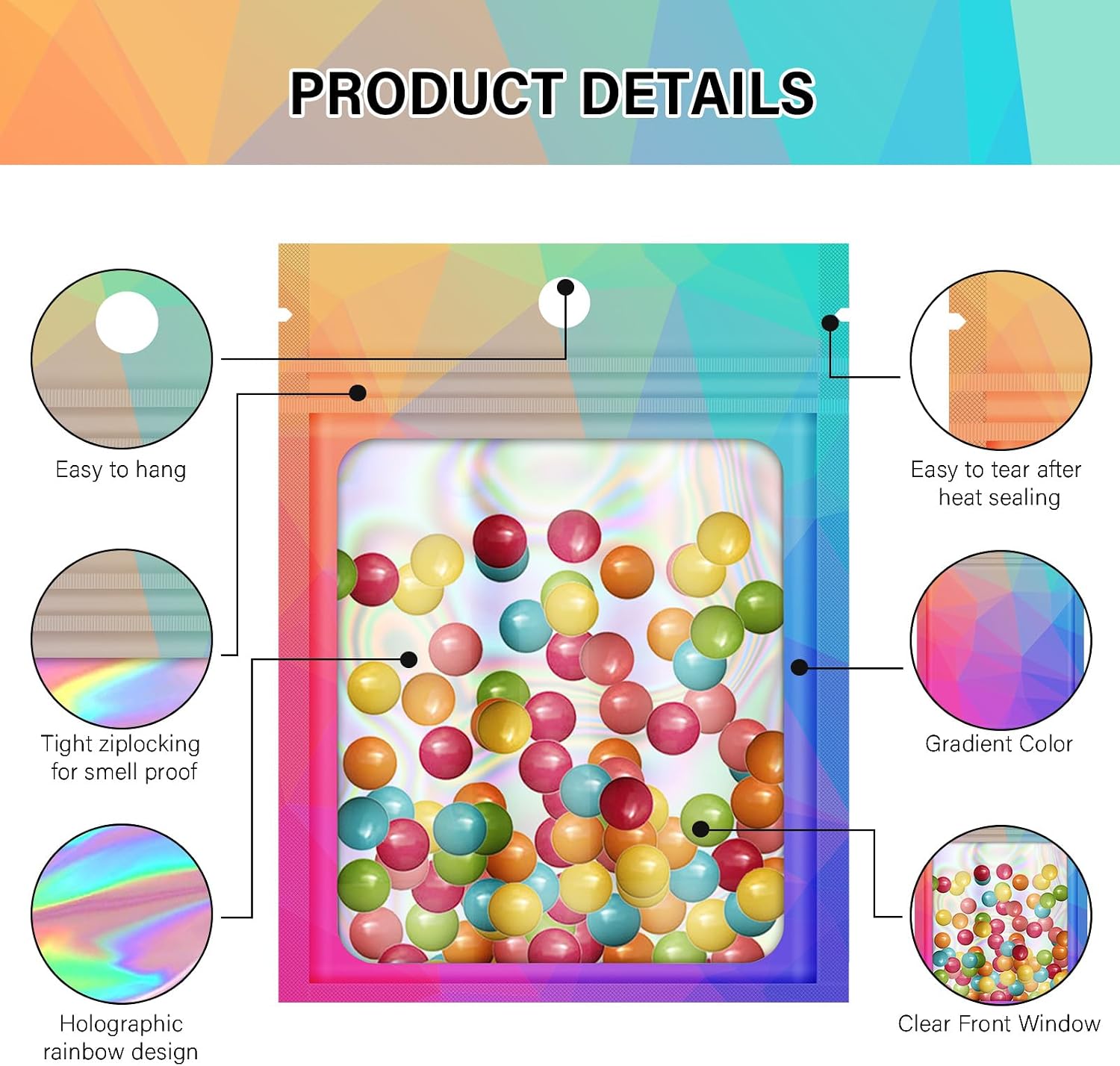 100 Pieces Resealable Bags with Clear Window, Holographic Gradient Packaging Bags Transparent Small Business Pouch Party Mylar Zip Bags Sample Bags (Multicolor, 5.5x7.8 Inch)