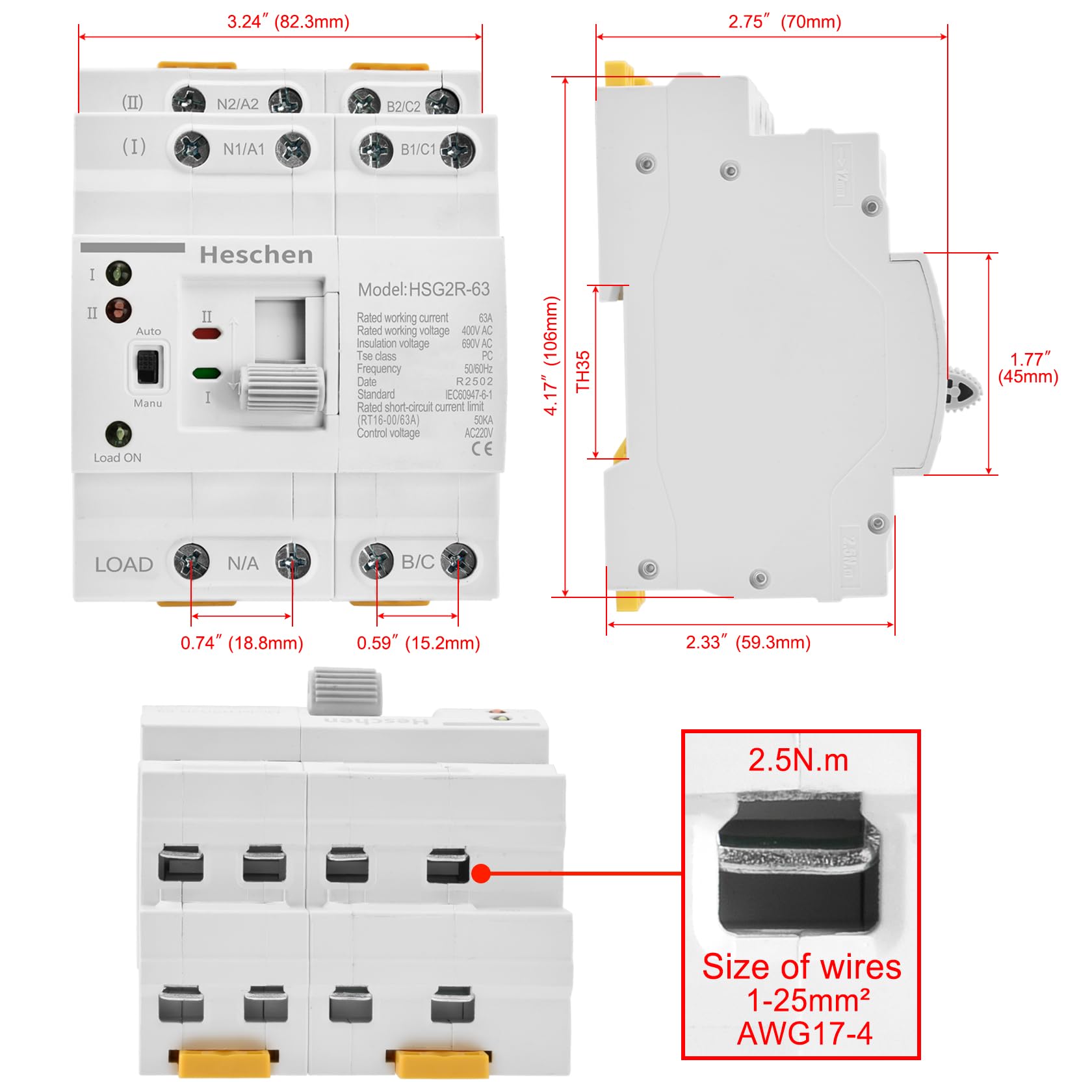 Heschen ATS Dual Power Interruptor de transferencia automática, HSG2R-63, 63 A 400 VAC, clase PC, control de alimentación, interruptor de transferencia ininterrumpido, montaje en carril DIN de 35 mm
