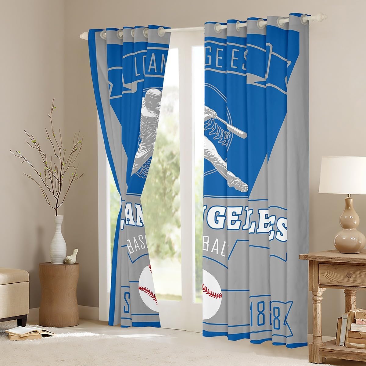 Feelyou Baseball Curtains for Bedroom Living Room Los Angeles Blackout Shades Baseball City Room Darkening Curtain Sports Game Window Treatments, 2 Panels 38 x 45 Inch Decor