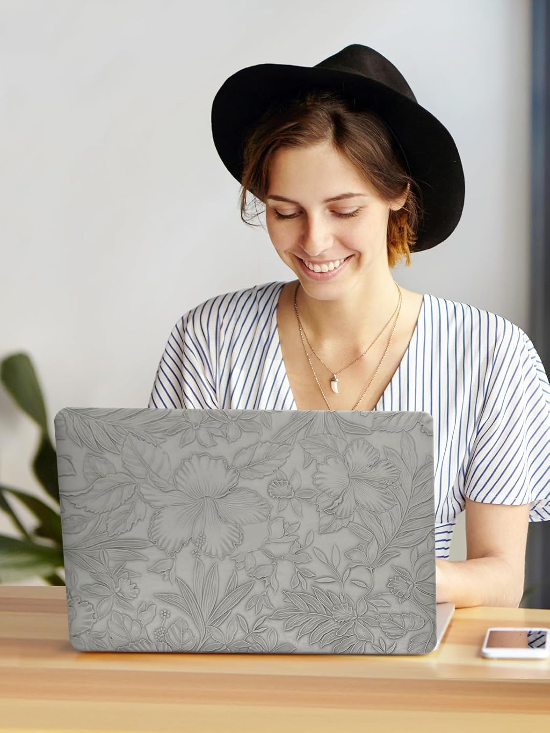 Seorsok Compatible with New MacBook Air 13.6 inch Case M5 M4 M3 M2 2026-2022 Release A3449 A3240 A2681 A3113,Elegant Leaves Flowers Leather Plastic Hard Shell Case&Keyboard Cover,Grey Blooming Floral