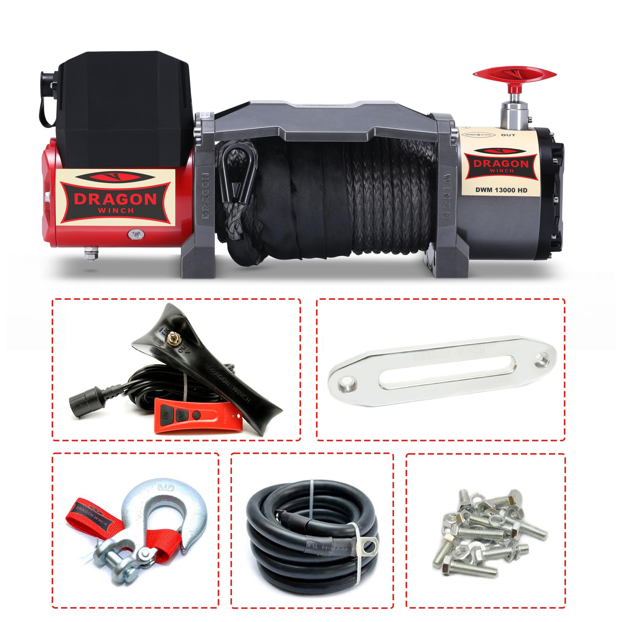 Dragon Winch Treuil électrique 12V Maverick 13000 lbs / 5897 kg, avec câble synthétique 20m pour dépanneuses et véhicules municipaux | Télécommande sans fil + accessoires treuil | Étanchéité IP67