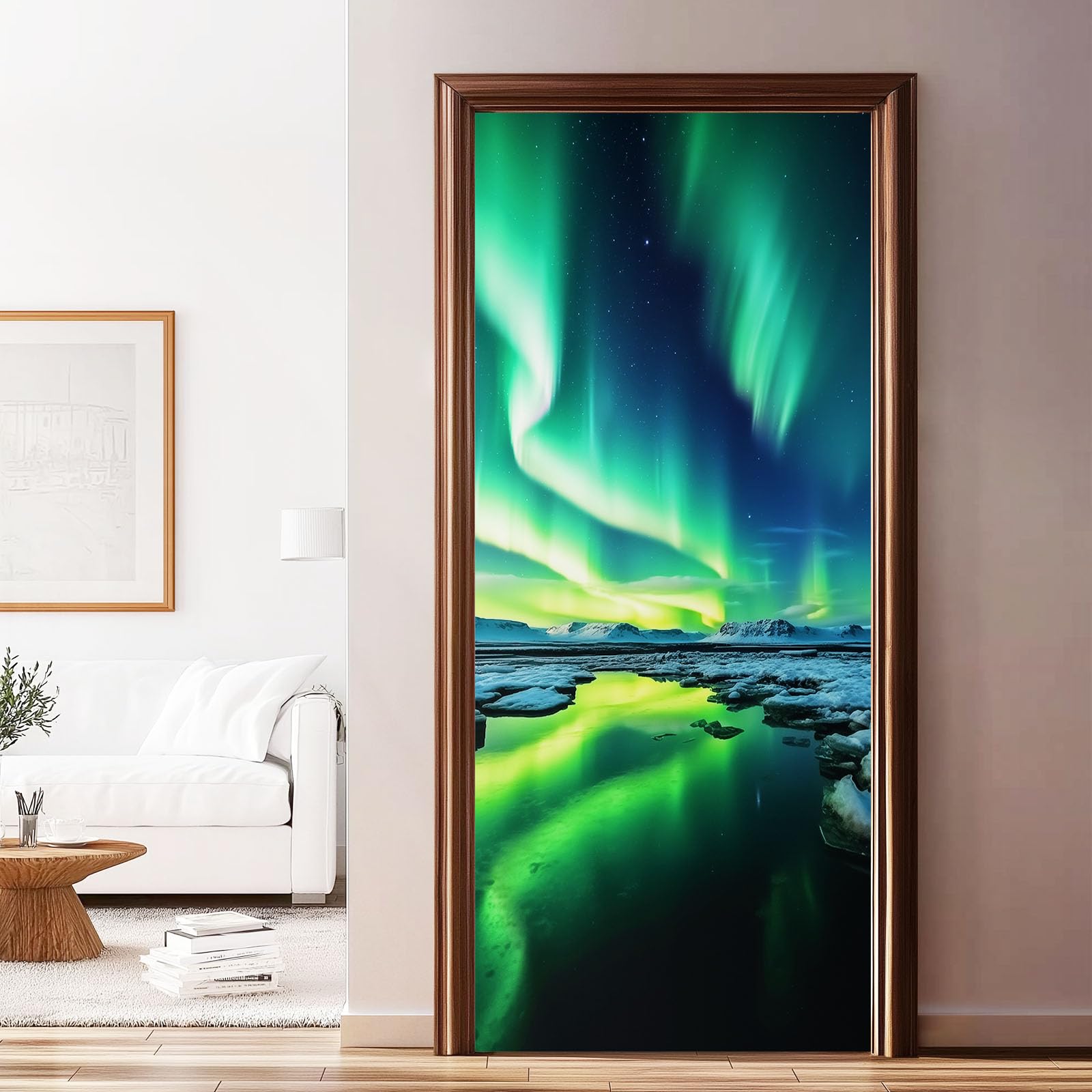 Natura, krajobraz 3D, mural na drzwi, samoprzylepny, zorza polarna, Islandia, sztuka, usuwalne murale, naklejki na drzwi, turkusowe naklejki z PCW, do sypialni, łazienki, biura, 95 x 215 cm, zestaw 2