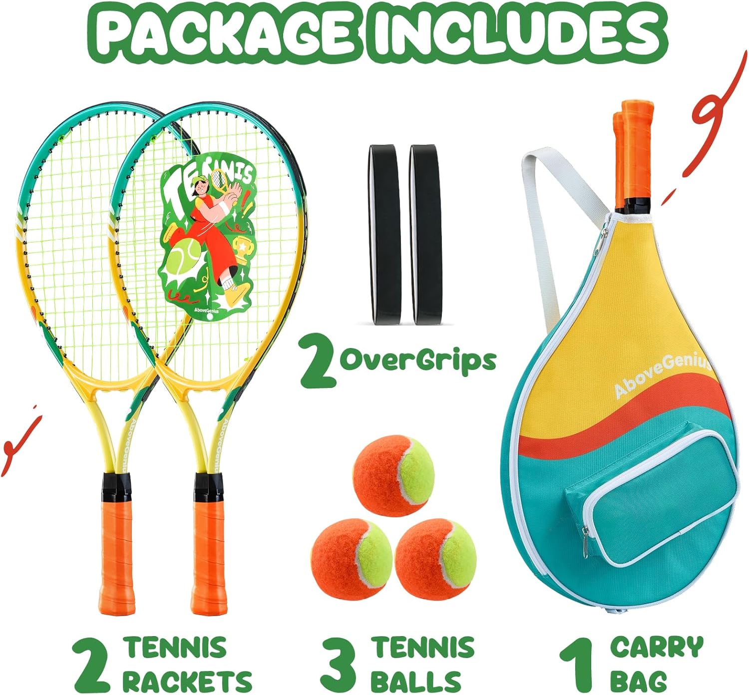 Kids Tennis Racket Set, 21/23/25 inch Tennis Racket for Toddler Youth Starter Kit, 3 Balls, 2 Lightweight Racquets with Easy Carrying Shoulder Strap Bag