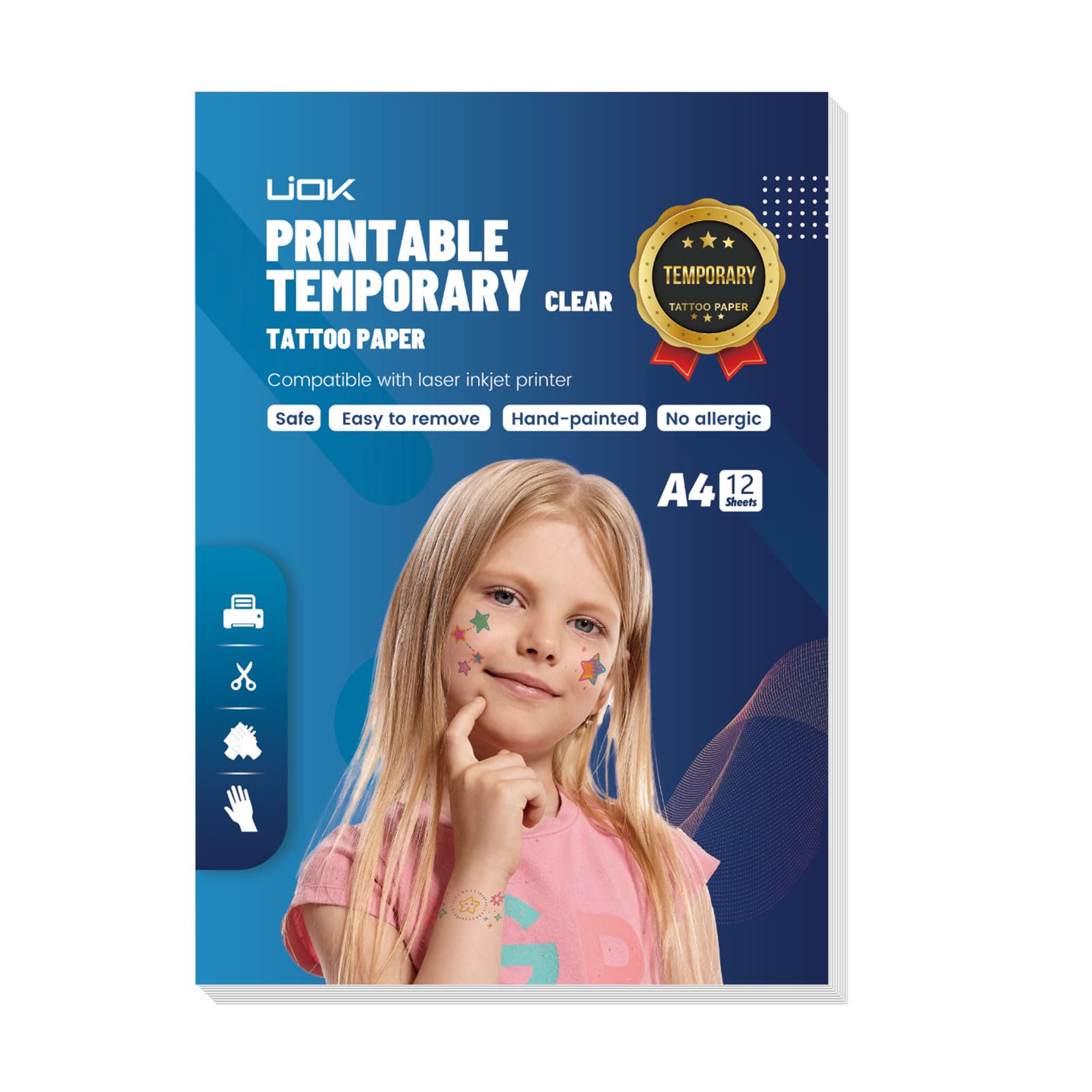 UIOK Papel de Tatuaje Temporal, Tatuajes Temporales Transparente A4X12 Hojas Papel para Transferir Tatuajes Imprimible, DIY Tatuaje Papel para Impresora de Inyección de Tinta y Láser