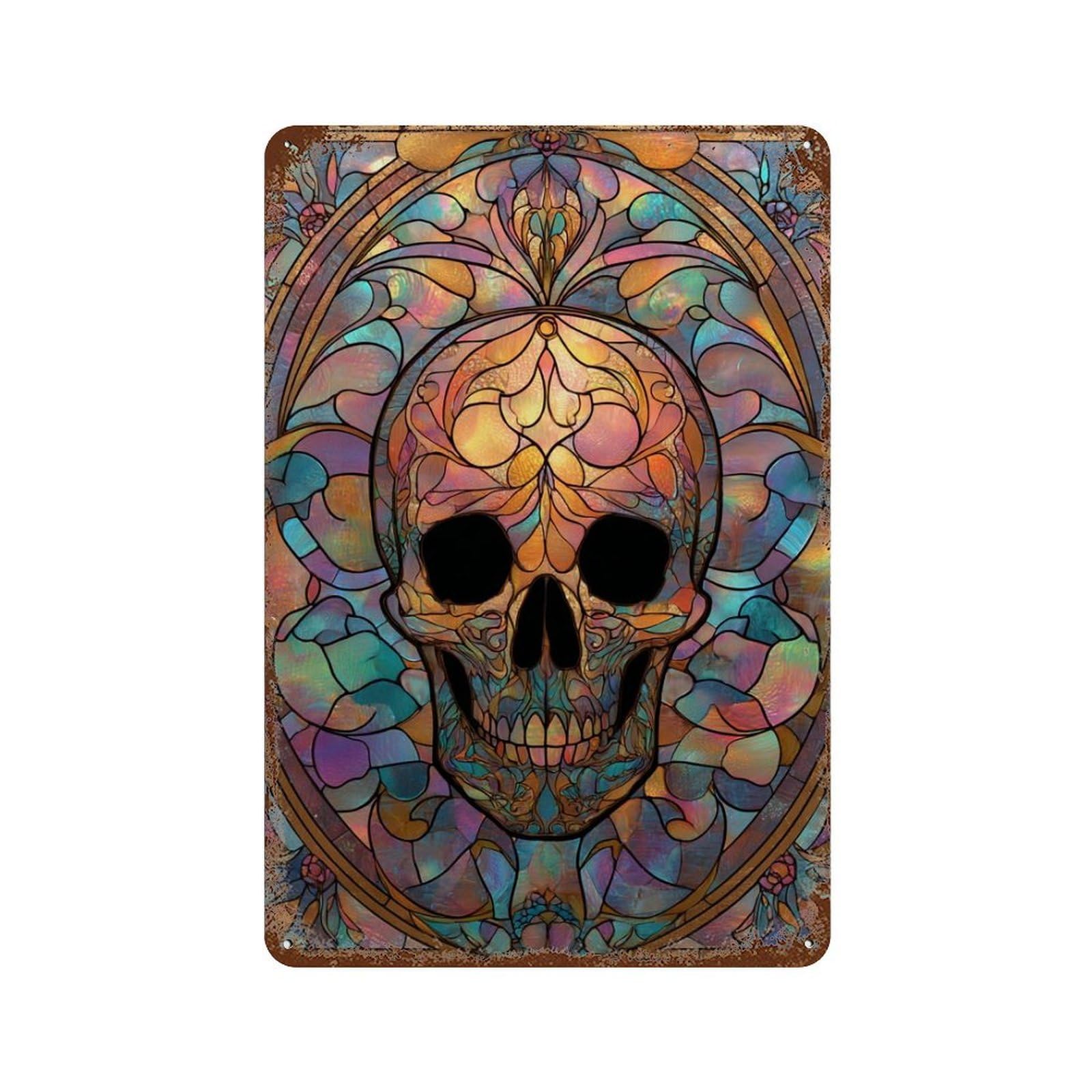 Stained Glass Skull Artwork-1 Vintage Wall Sign 11.8"x7.9", Rust Effect Metal Decor for Shed, Workshop And Garage Wall Decor