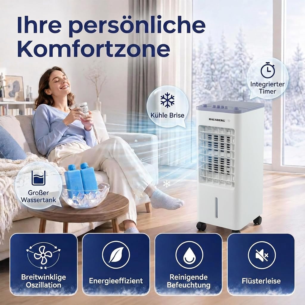Klimagerät ohne abluftschlauch | 4 L Top Fill Wassertank | Luftkühler mit Kühlakkus - 3 Geschwindigkeiten | Mobiles Klimagerät mit Oszillation | ohne Fernbedienung