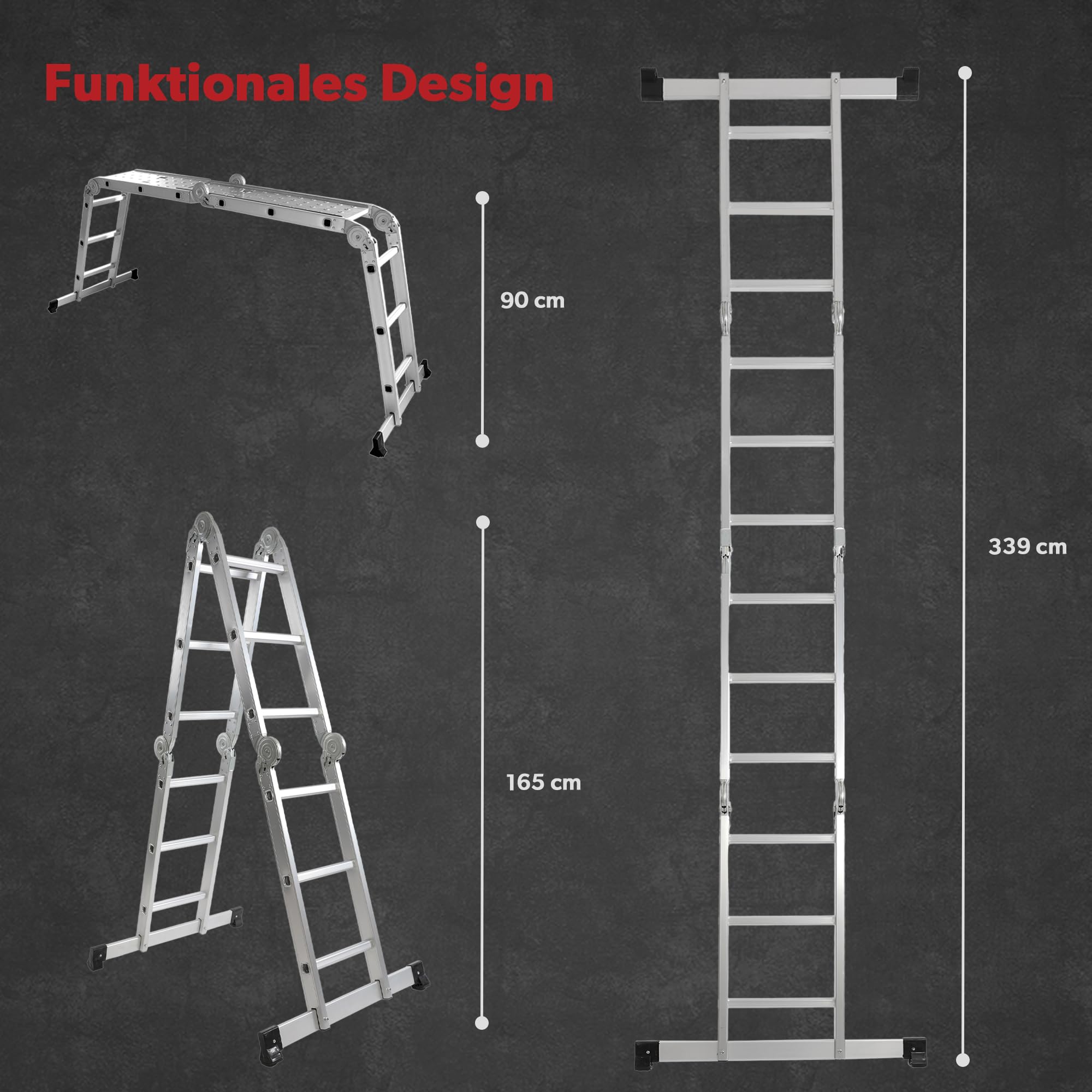 siwitec Scala multiuso 4 x 3 gradini, scala con 2 piastre di ponteggio, scala a pioli fino a 150 kg, scala in alluminio, scala domestica, 12 gradini, certificata TÜV/GS