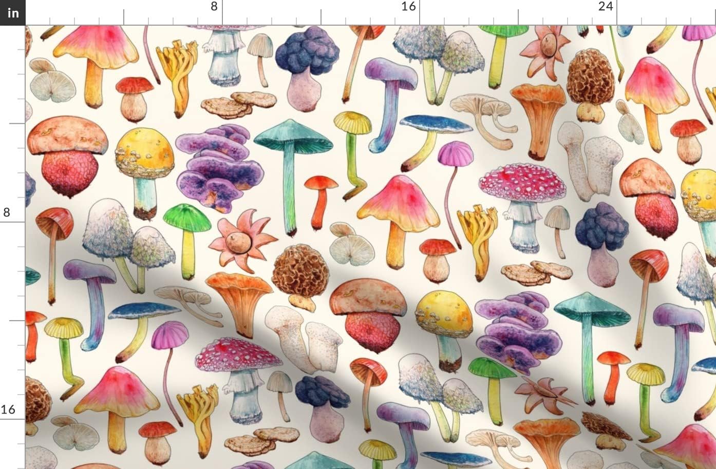 Spoonflower Fabric - Nature Colorful Watercolor Mushrooms Toadstools Black Outline Light Printed on Organic Cotton Sateen Fabric by The Yard - Sewing Quilting Apparel Home Decor