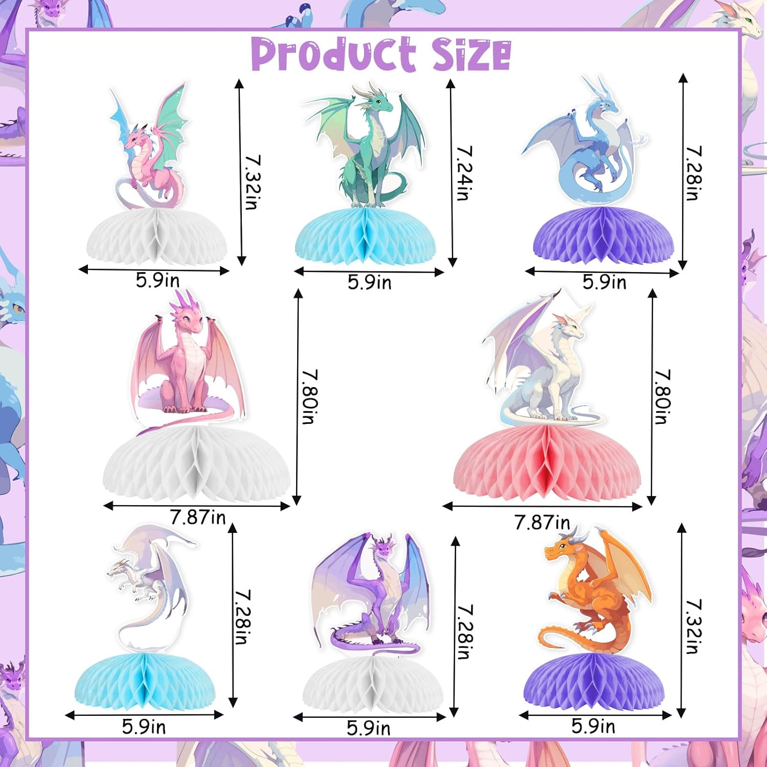Kreatwow 8Pcs Dragon Honeycomb Centerpieces Colorful Dragon Table Decoration Dragons Birthday Party Decorations for Girl Fantasy-Dragon Party Dragon-Knight Birthday Decor for Baby Shower 1st 2rd Bday
