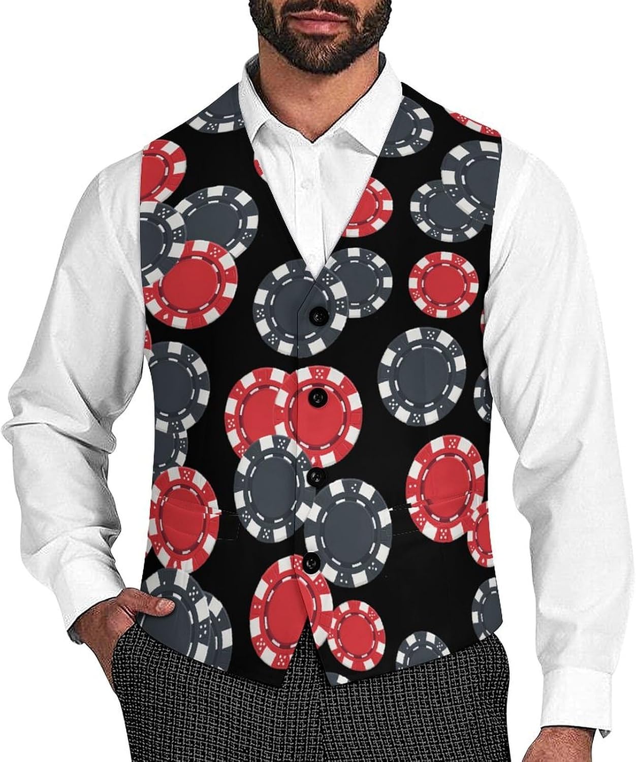 4 Poker Chips Casino Men's Suit Vest Business Tuxedo Dress Vests Waistcoat Wedding Party