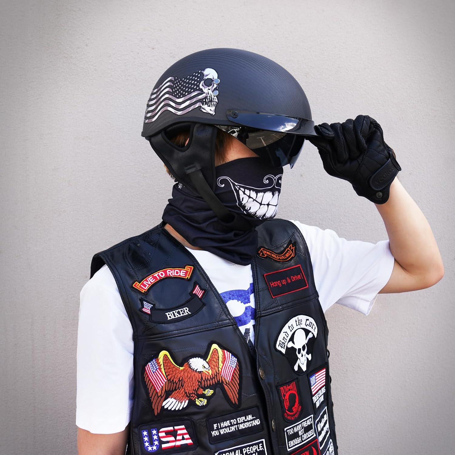 VCOROS Carbon Fiber Open Face Retro Motorcycle Helmets Men Women Half Face Helmets for Motorbike Cruiser Chopper Moped Scooter ATV (Flag Skull, XL)