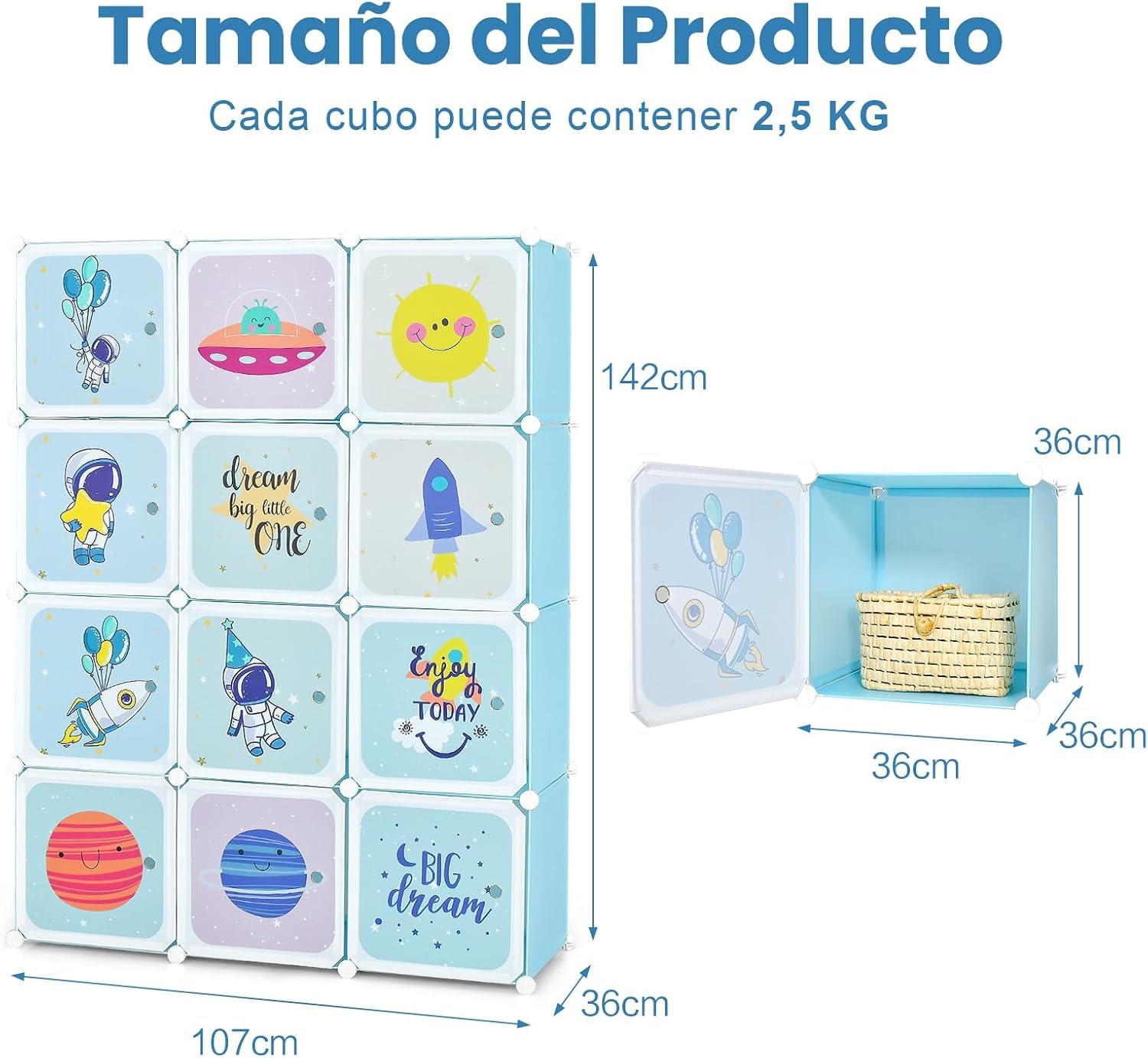 GOPLUS Armario Modular Infantil 12 Cubos Plásticos 36×36 cm, Mueble Almacenaje Juguetes Barra Suspensión 107 x 36 x 142 cm Azul