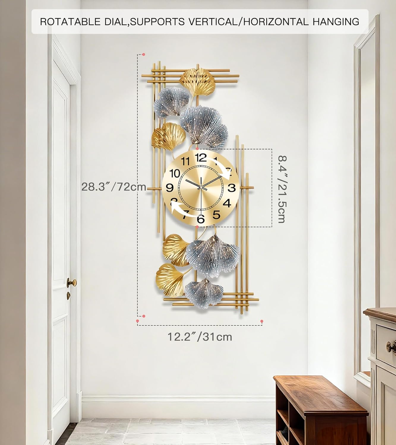 Large Wall Clock, Modern Clocks for Living Room, Ginkgo Leaf Design - Silent Wall Clock, Battery Operated, for Living Room,Bedroom,Kitchen,Study or Entryway Decor-28''