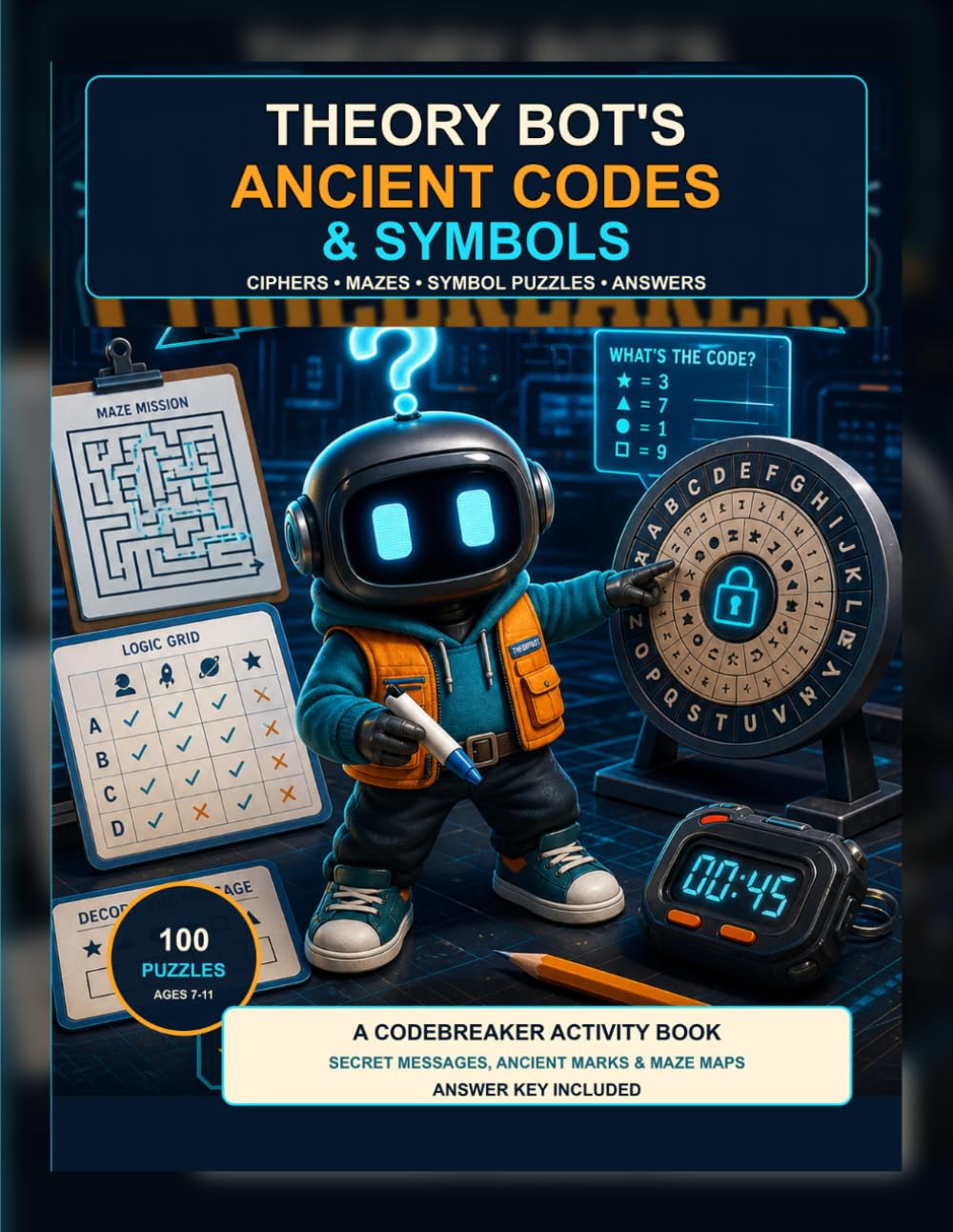 Theory Bot's Ancient Codes & Symbols: A Codebreaker Activity Book for Kids Ages 7-11 with Ciphers, Ancient Symbol Puzzles, Maze Maps, Word Searches, and Answers