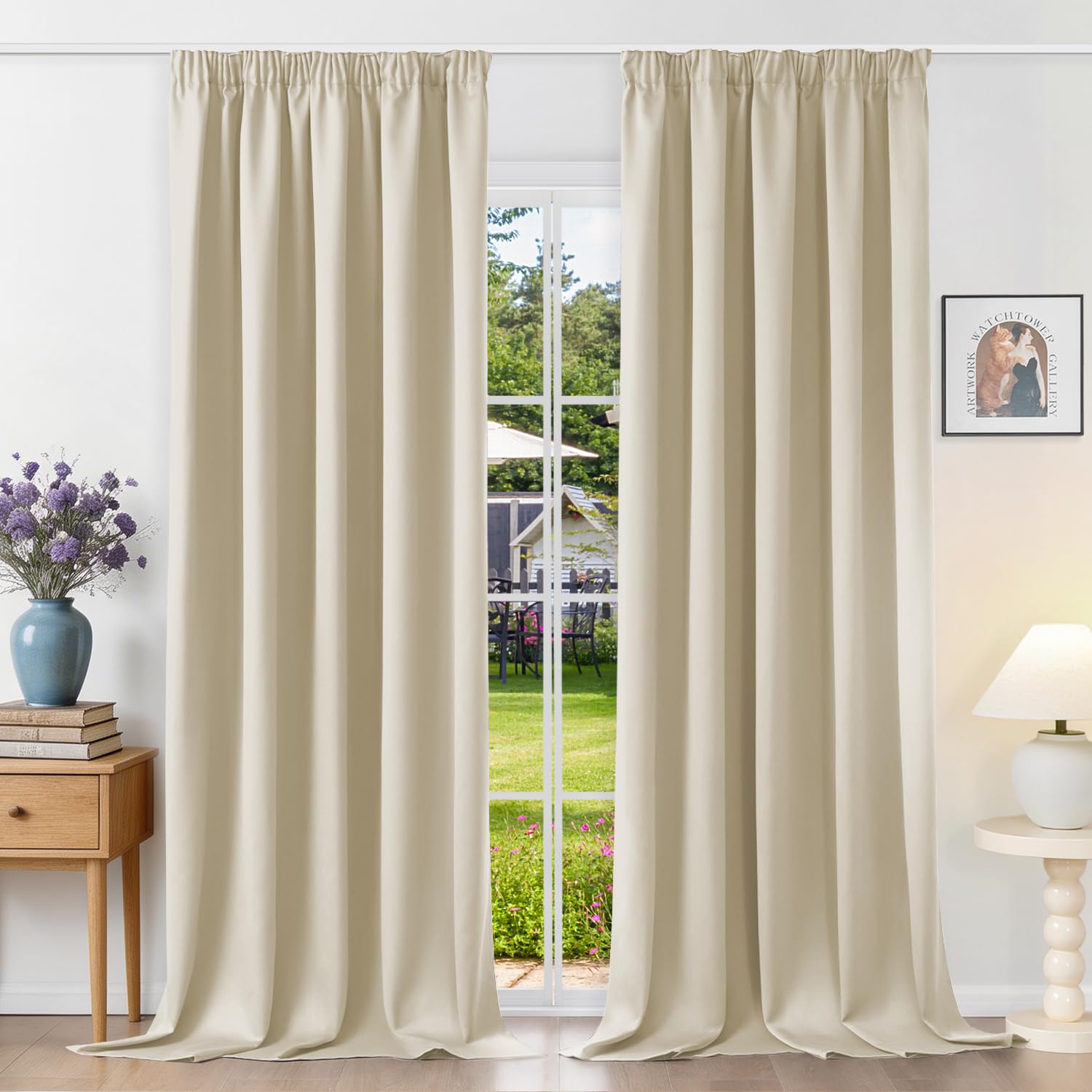 Runyéla Pencil Pleat Blackout Curtains for Bedroom Thermal Curtain 66 x 54 Inch Drop Kitchen Living Room 2 Panels Light Beige