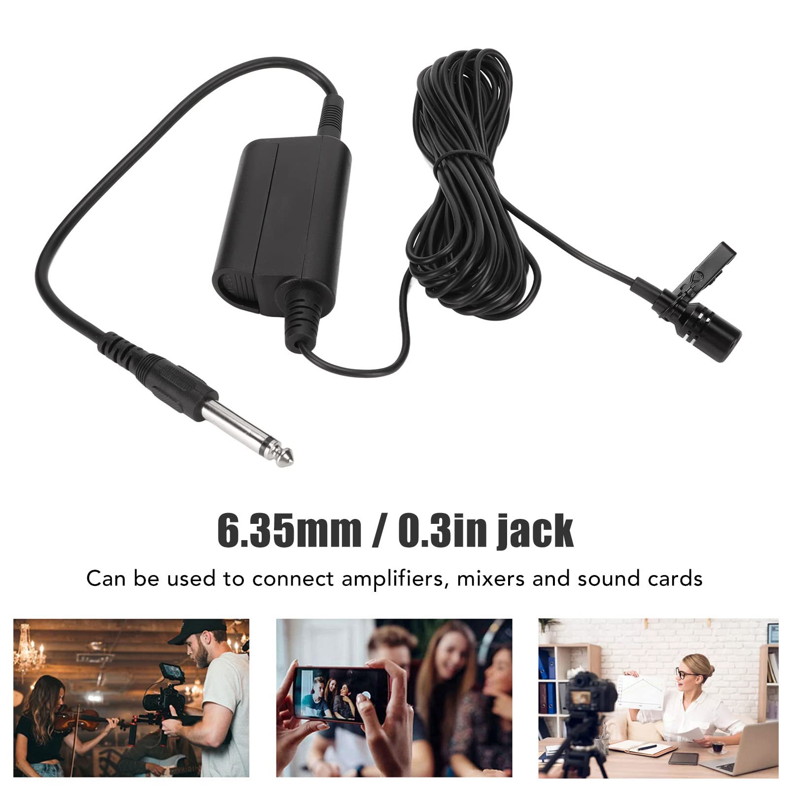 Micrófono Lavalier, Conector de 6,35 Mm con Clip Profesional, Micrófono con Cable, Micrófono de Solapa Omnidireccional con Adaptador de 3,5 Mm, Cable de 5 M/16,4 Pies, para Guitarra, Voz, Tambor,