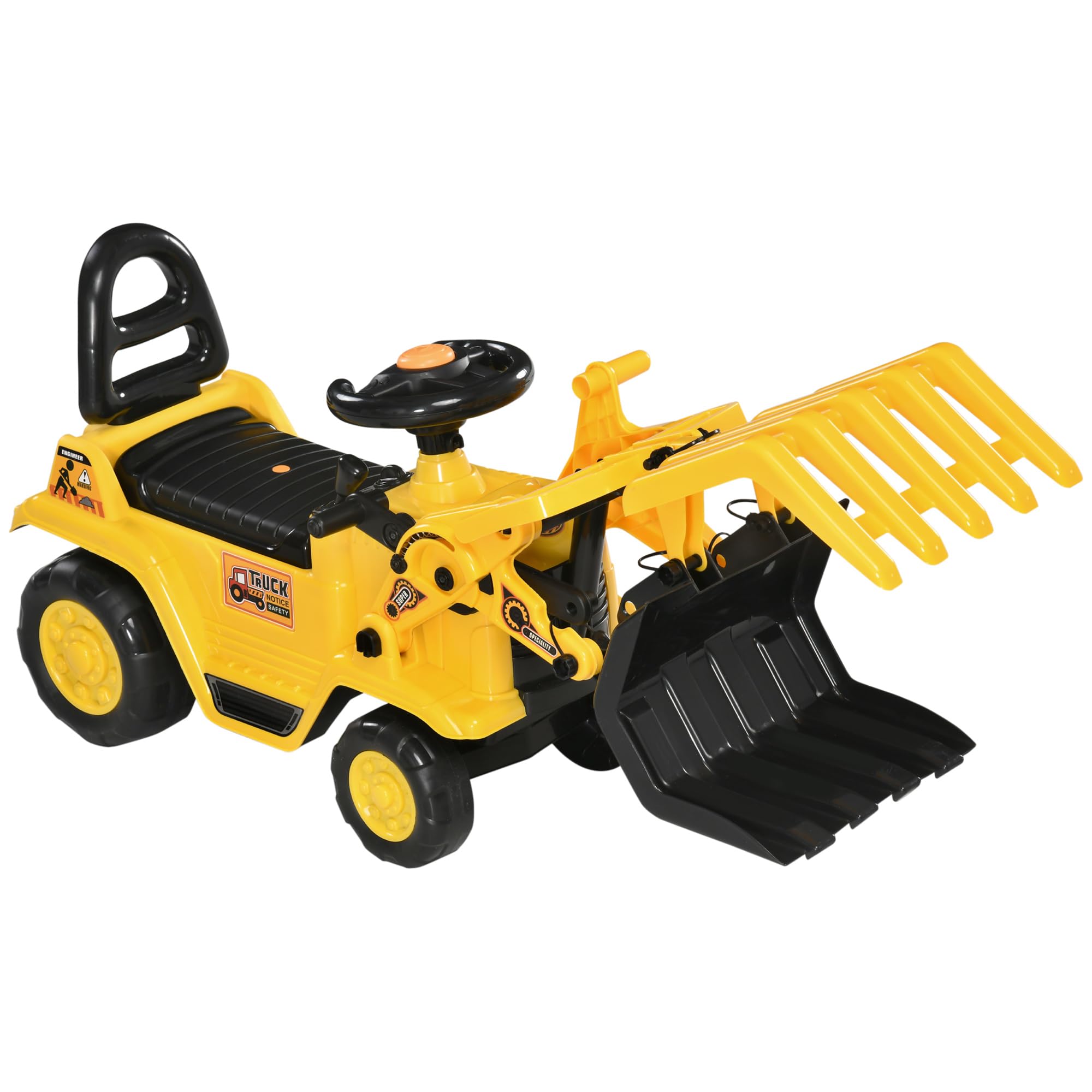 HOMCOM Tractor sin Pedales para Niños de +2 Años Excavadora Correpasillos Tractor Correpasillos con Pala Móvil Asiento de Almacenamiento y Bocina Carga 30 kg 83x27x39 cm Amarillo