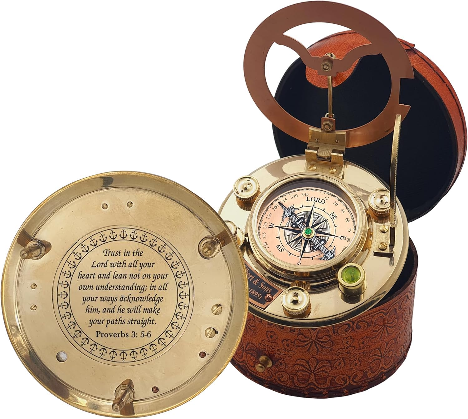 Trust in The Lord with All Your Heart -Proverbs 3: 5-6 Quote Engraved Compass with Leather Box, Sundal Compass, Gift Compass, Graduation Gifts Compass for Women Mens Boy Girls