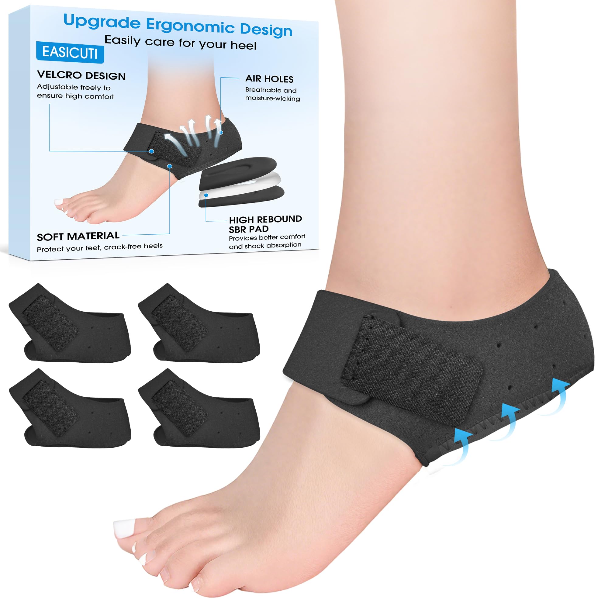 EASICUTI 2 Paar Plantarfasziitis Fersenschutz, Gel-Fersenschalen Einlagen Herren und Damen, Fersensporn, Schmerzlinderung, Achillessehnenentzündung, Rissige Fersenpolster, Schwarz, EU-Größe 36-41