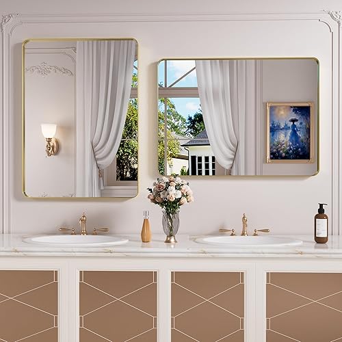 Miniatura 2 de Espejo de baño dorado cepillado para montar en la pared, con esquinas redondeadas y marco de metal, vidrio templado, antioxidante