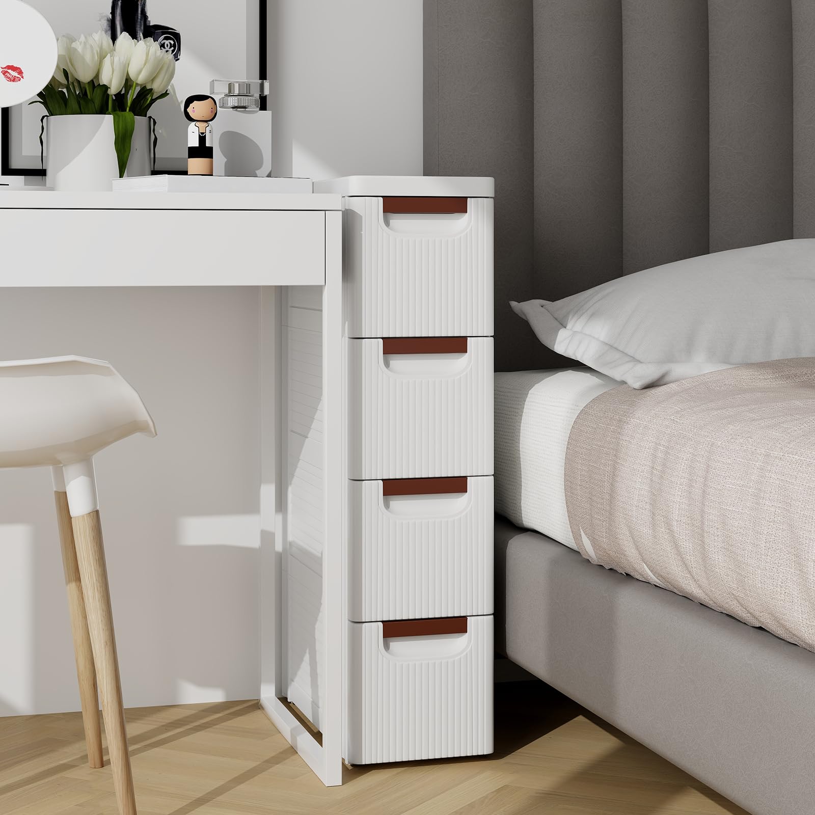 COSTWAY Nischenschrank schmal mit Rollen, Nischenregal 20cm breit, Nischenwagen mit 4 Schubladen, Badrollwagen für Bad, Klassenzimmer, Studio & Salon, Weiß, 42 x 19 x 74 cm