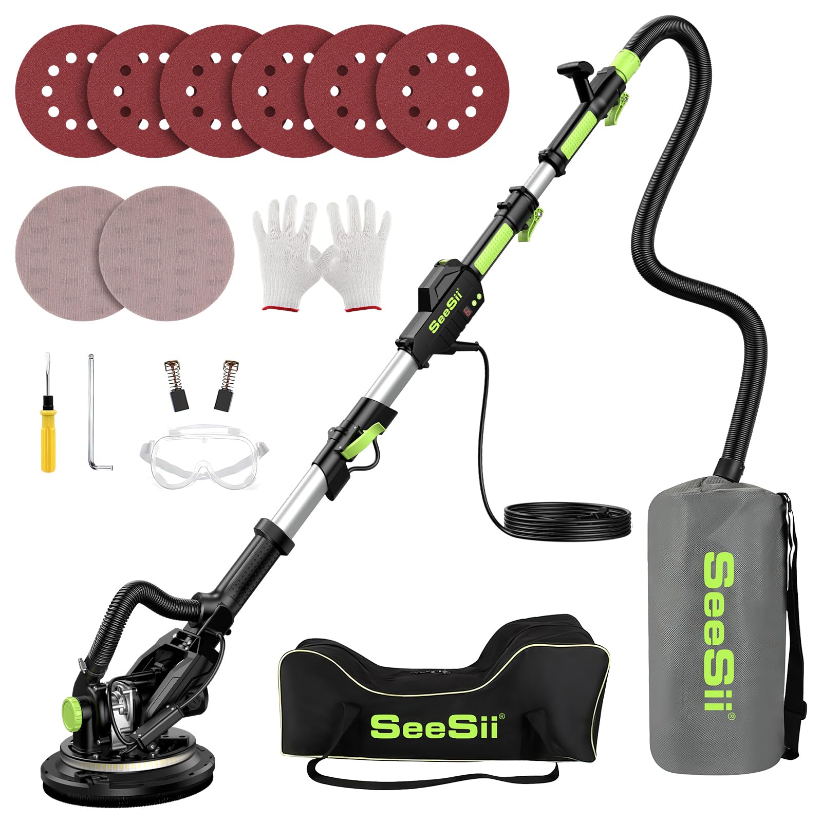 SEESII 電気ドライウォールサンダー 1200W ポールサンダー 伸縮式ポール 210cm調節可能 6段変速 2400 RPM LEDライト付き 自動集塵システム ロングダストホース 集塵袋 6枚のサンドペーパー 2枚の無塵サンドペーパー 天井や壁面の作業に最適